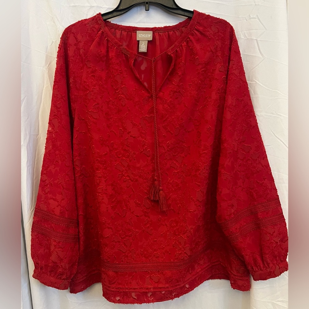 L Chico's Vibrant Red Semi Sheer Tie Neck Pullover Blouse